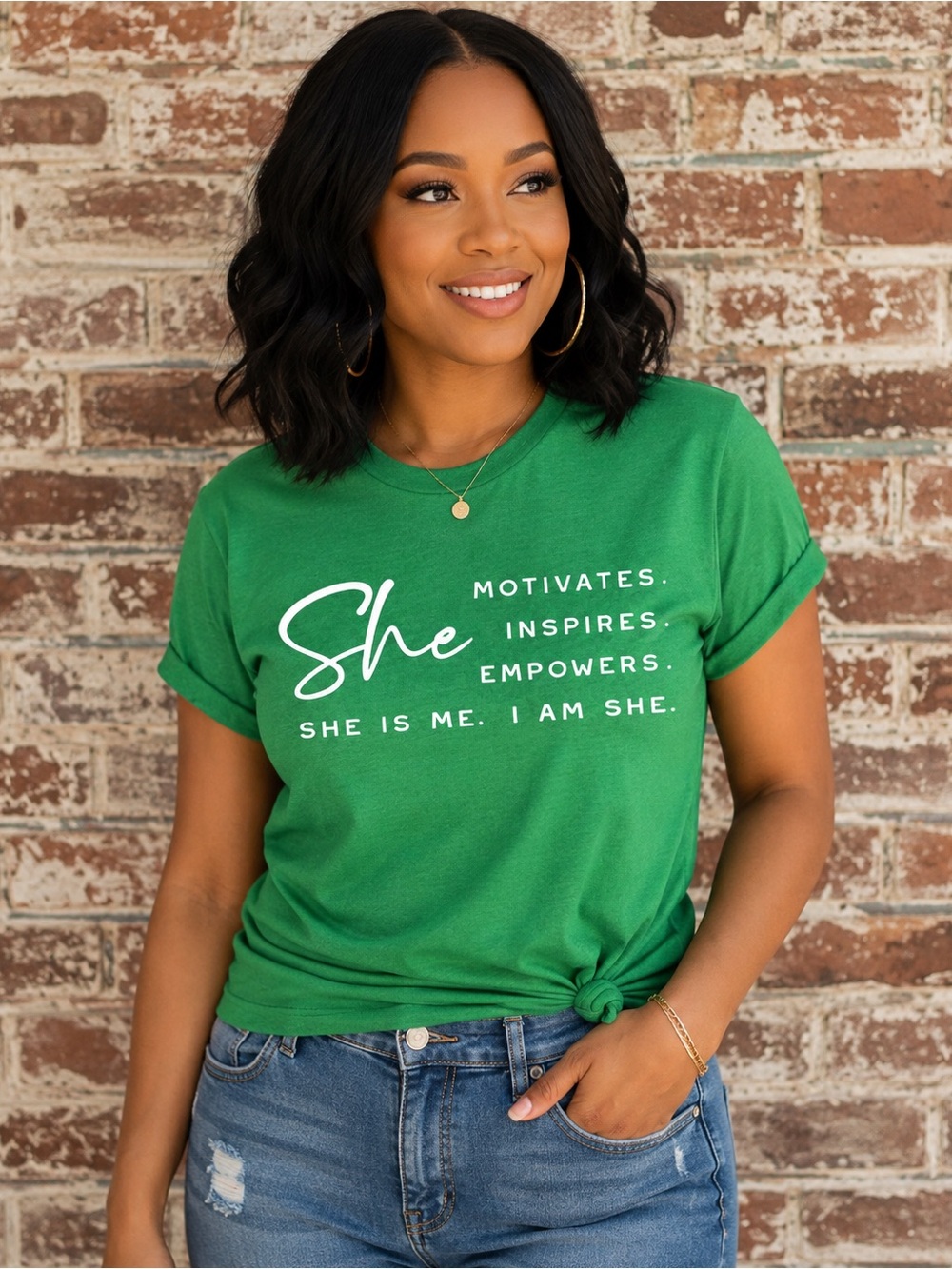 She Motivates Inspires Empowers Graphic Tee - Green